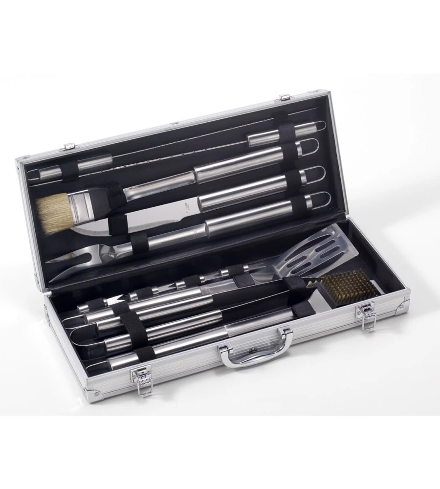 SET VALIGETTA ACCESSORI BARBECUE IN ALLUMINIO - 12 PEZZI